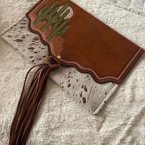 Allred Brown and Cream Leather Clutch with Cactus Design